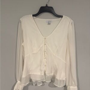 Nine West Ivory V-Neck Sheer Button-Front Blouse
